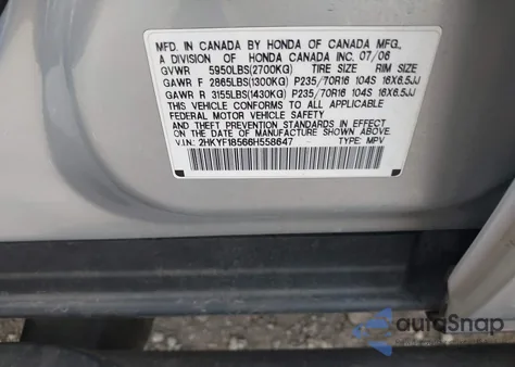 2006 Honda Pilot Ex-L z USA, uszkodzony, nr VIN 2HKYF18566H558647